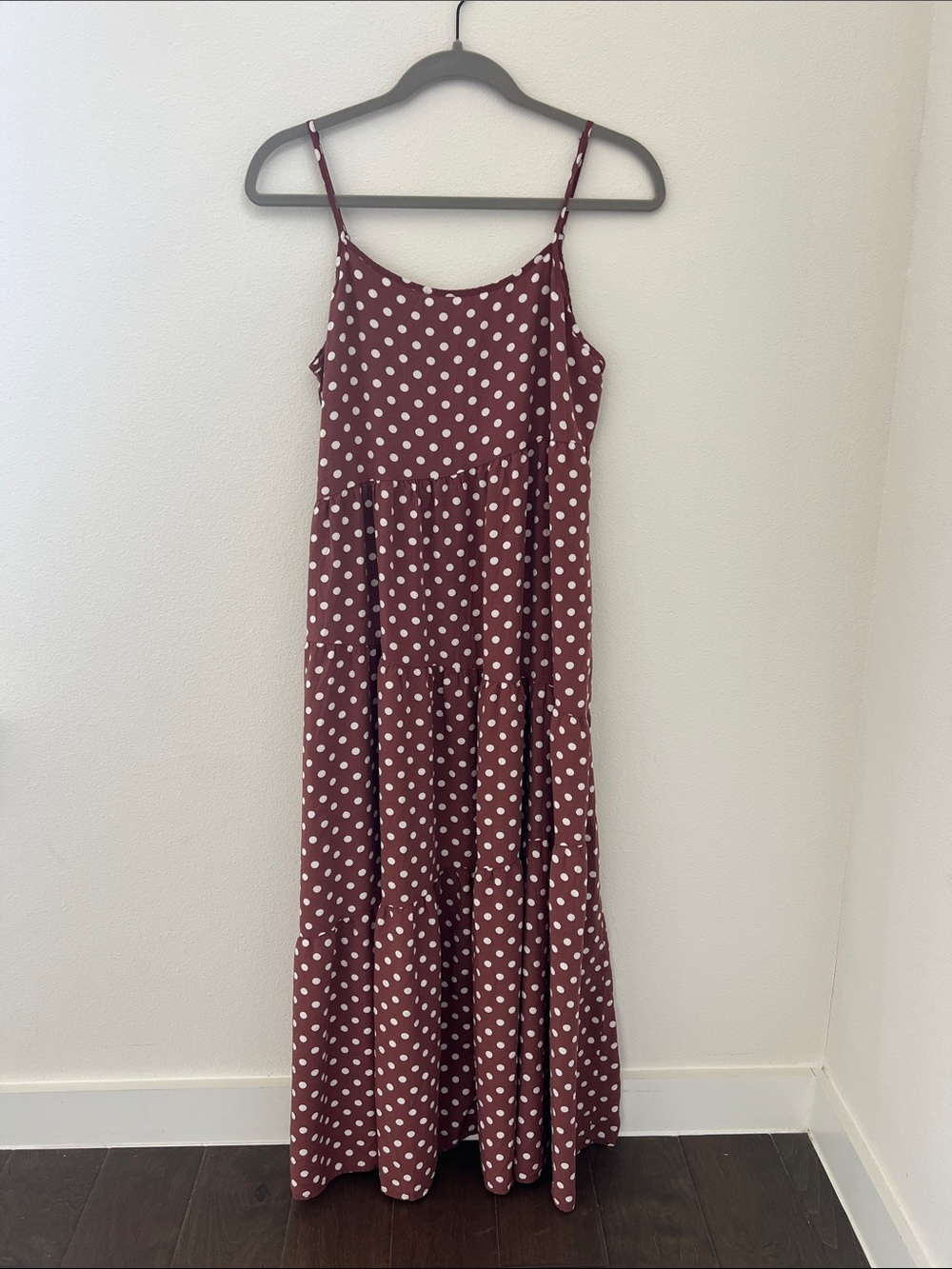 Polka Dot Burgundy Maxi Dress with Spaghetti Straps